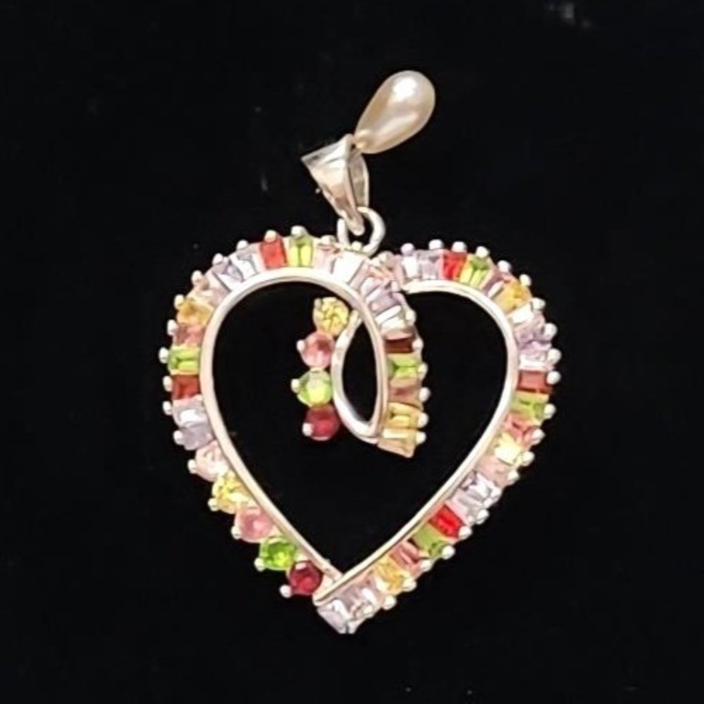 Sterling Silver Rainbow Heart Pendant Multicolor CZ Gemstones 9g Love Charm